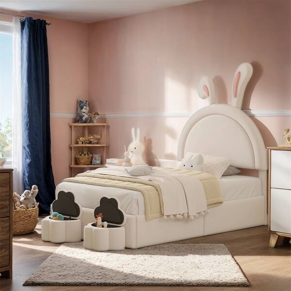 slide 2 of 18, Upholstered Rabbit-Shape Bed with 2 Storage Stools,Velvet Platform Bed