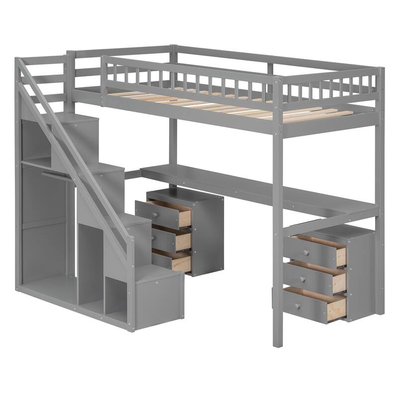 Twin Size Loft Bed with Two Chest of Drawers, Desk and Light Strip, Gray