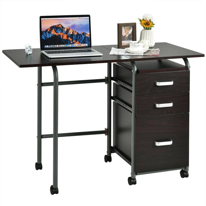 Gymax Folding Computer Laptop Desk Wheeled Home Office Furniture w/3 - Brown