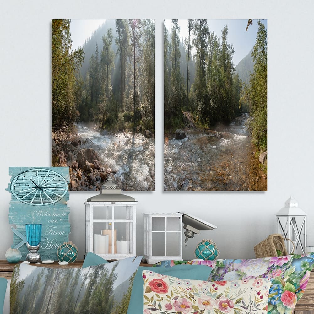 Designart "Mountain River Panorama" Landscape Canvas Wall Art Print 2 Piece Set