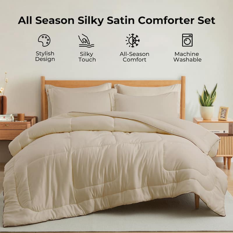 3 Piece All Season Silky Soft Satin Reversible Comforter Set - Full - Queen - Champagne
