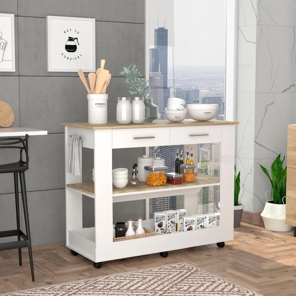 Cala Kitchen Island 46, Six Casters, Two Drawers, Lower Open Shelf -White / Light Oak