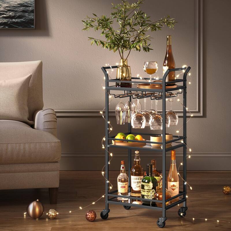 Mini Home Bar Cart with 3-Tier Shelf Wine Holders, and Glass Holders