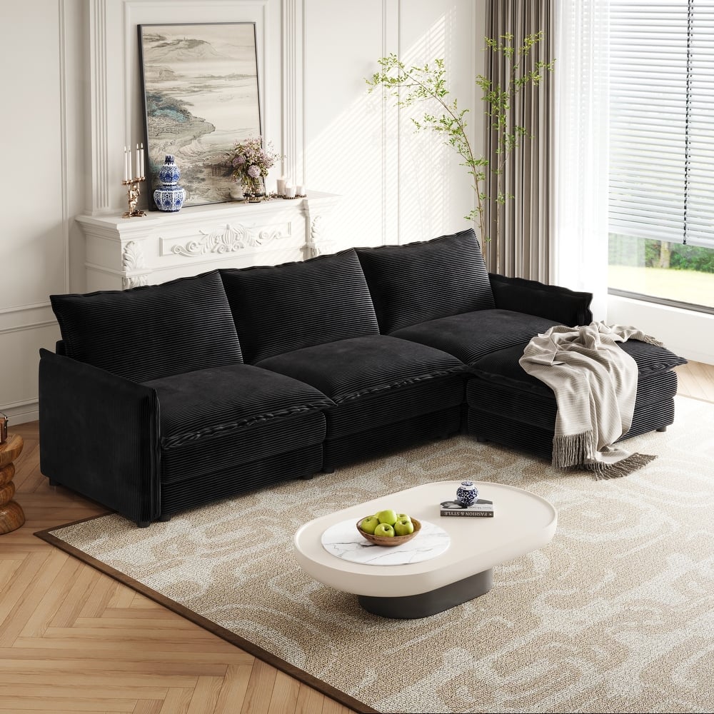 Corduroy Modular Deep Seat Couch L-shaped Sectional Sofa with Ottoman