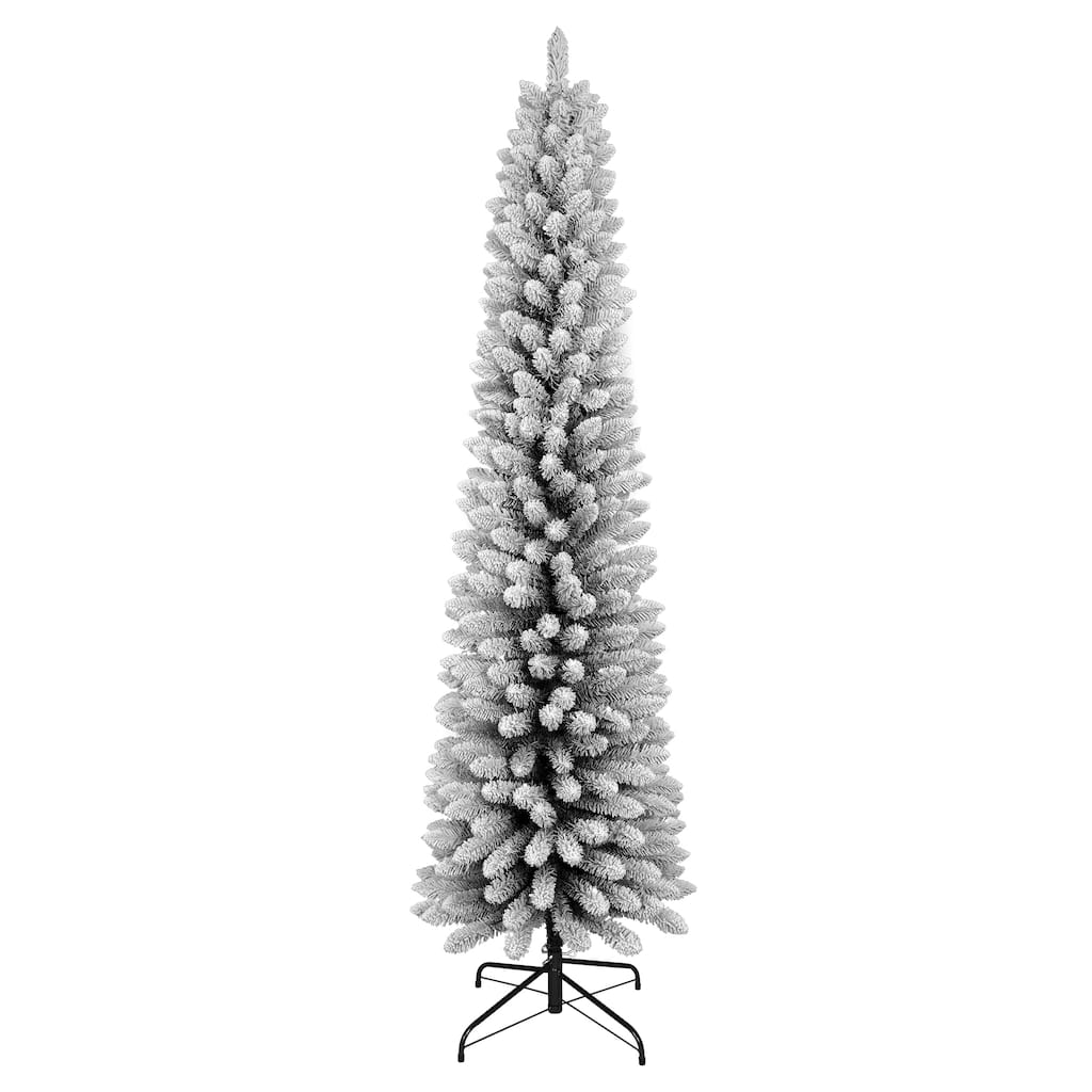 Flocked Pencil Christmas Tree - Slim PVC Branches, Snowy Finish, Space-Saving, Metal Stand - Green,White