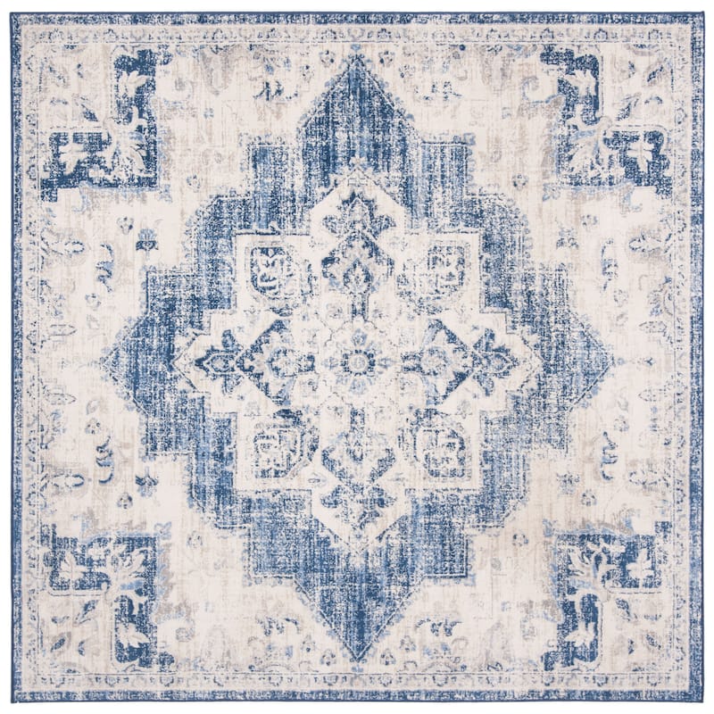SAFAVIEH Brentwood Vassiliki Traditional Oriental Medallion Rug - 3' Square - Ivory/Navy