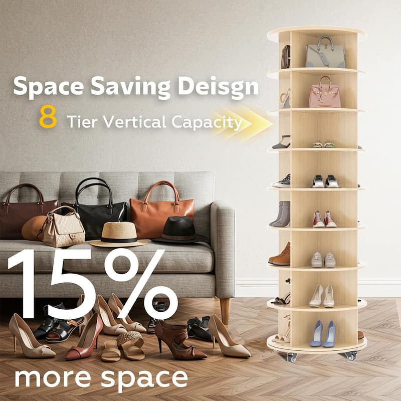 AECOJOY 8 Tier Rotating Shoe Rack, Shoe Tower Organizer with 4 Universal Casters