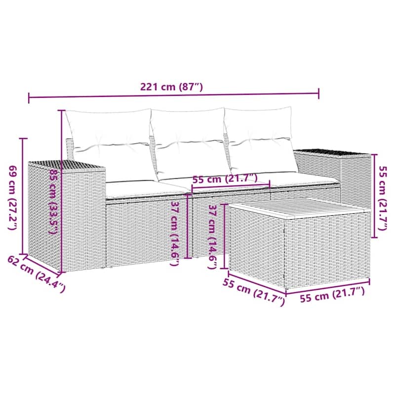 vidaXL Patio Sofa Set with Cushions Outdoor Furniture 4 Piece Poly Rattan - 21.7 x 21.7 x 14.6