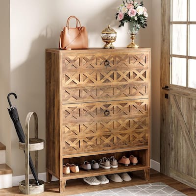 Brown Wood Shoe Cabinet with 2 Flip Drawers, Shoe Storage Organizer for Entryway