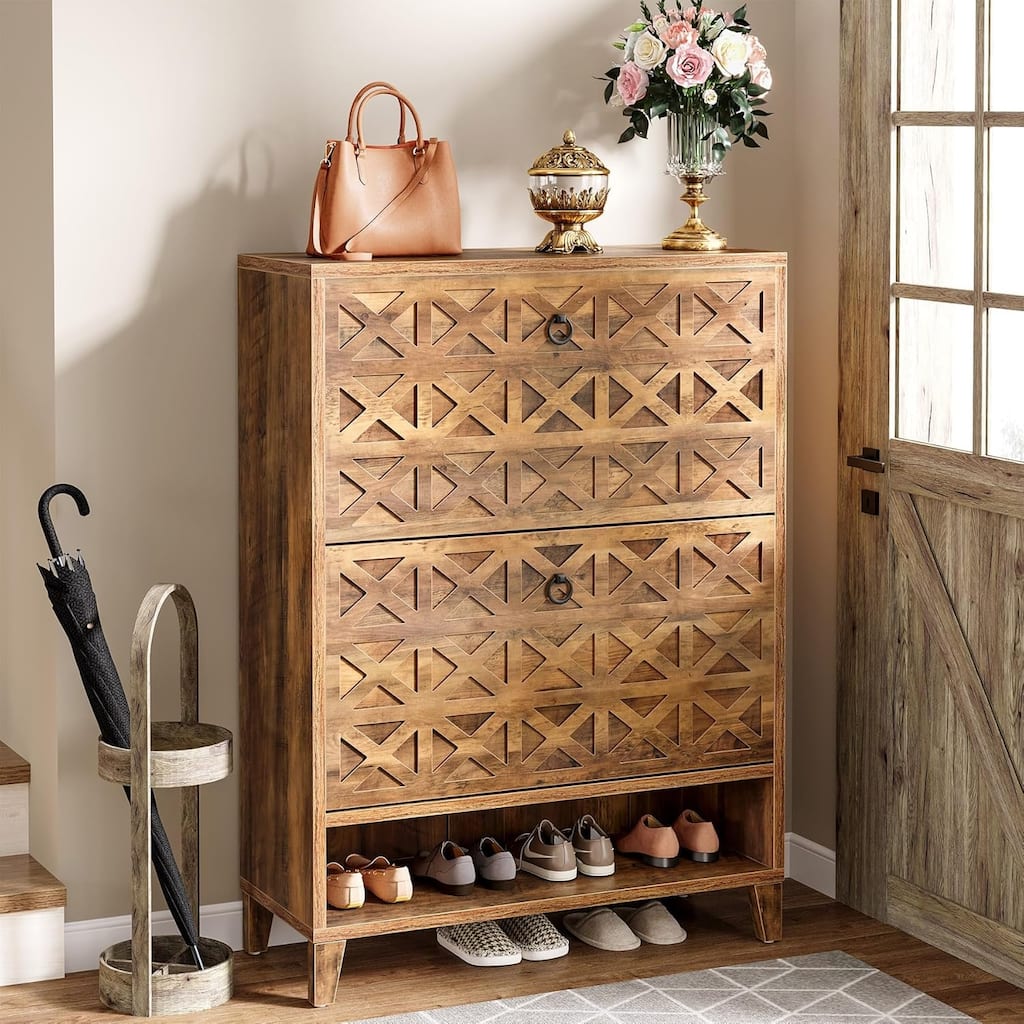 Brown Wood Shoe Cabinet with 2 Flip Drawers, Shoe Storage Organizer for Entryway