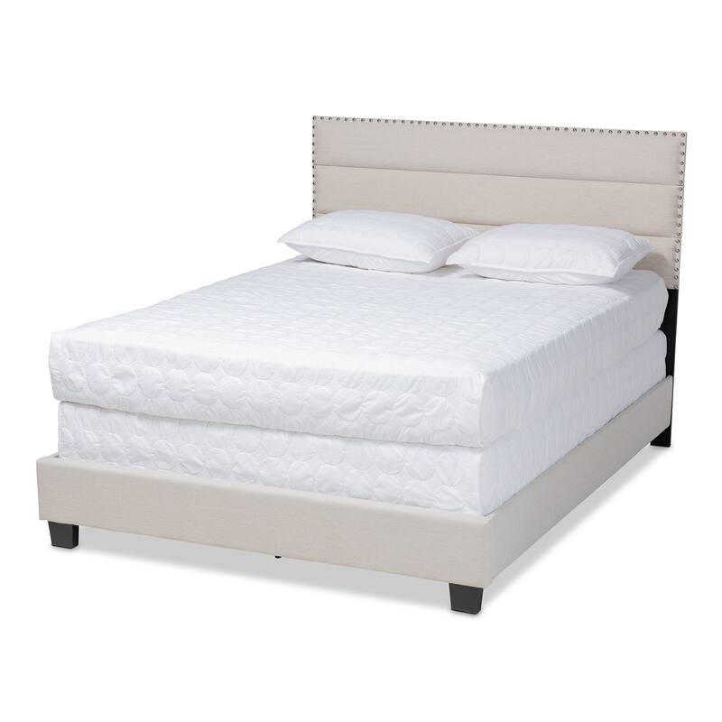 Full Size Bed Frame Upholstered Modern Beige Fabric Bed with Nailhead Trim & Sturdy Wood Frame