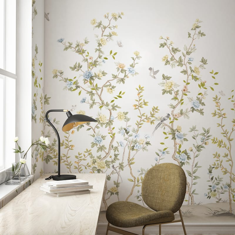 Whispering Blooms Hand-Painted Floral Landscape Wallpaper Mural - Blue - W:175" x H:118"