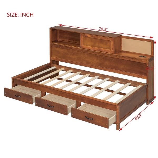 dimension image slide 4 of 6, Platform Daybed with USB Charging and Sockets, Wooden Daybed Frame with Pushable Top Shelf 3 Drawers No Box Spring Needed