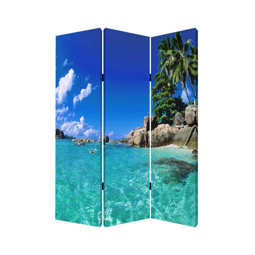 3 Panel Foldable Canvas Screen with Exotic Oceanside Print, Multicolor