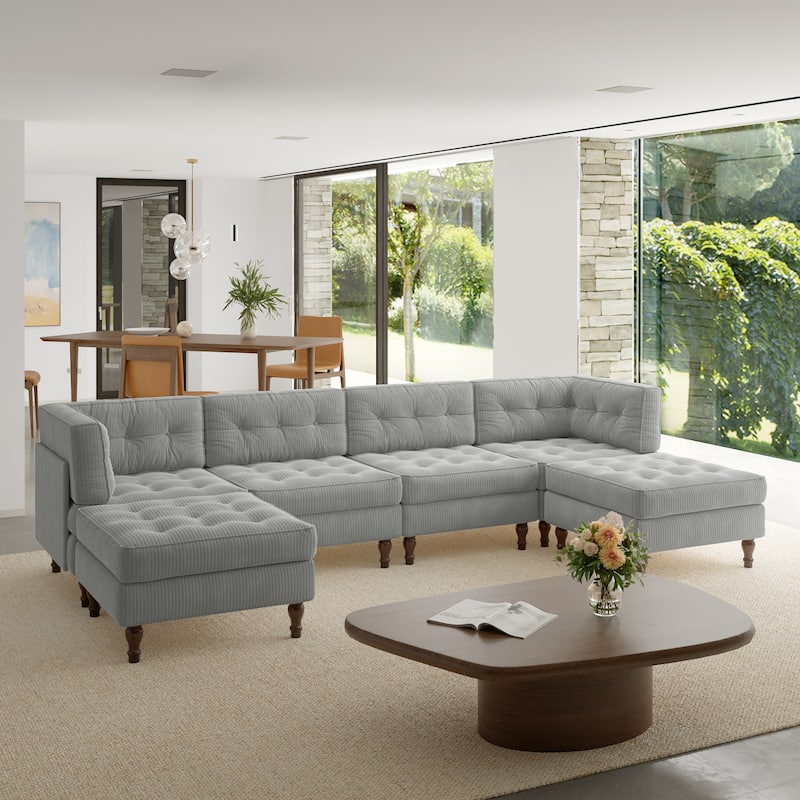 Oversized Modular Sectional Corduroy Fabric Tufted Sofa - Light Grey-6 peice - Symmetrical