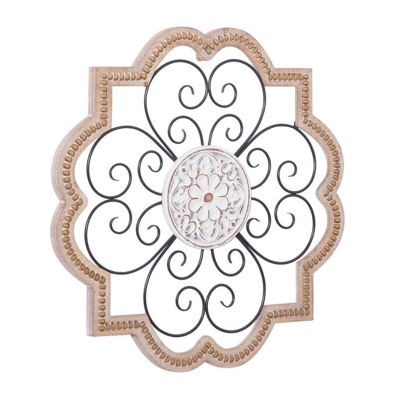 Wooden Scroll Carved Beading Wall Decor with Metal Accents - Brown - Roche River Decor