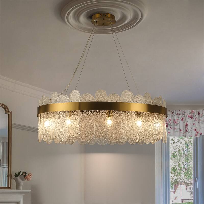 12-Light Modern Gold Drum Chandelier with Water Ripple Glass - W 31.5''