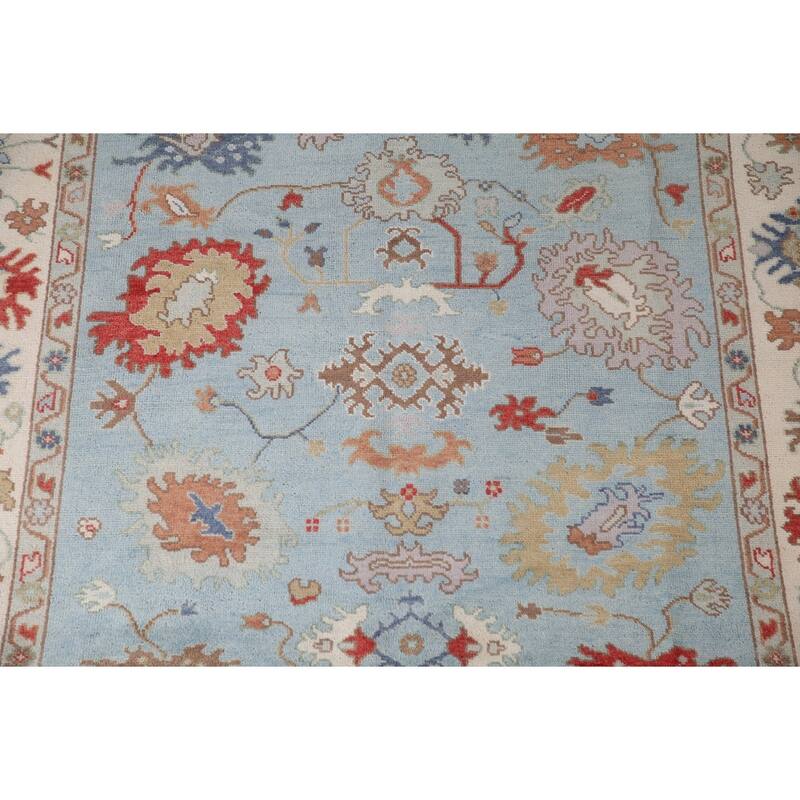 Light Blue Floral Oushak Area Rug Hand-Knotted Wool Carpet - 8'0"x 9'8"