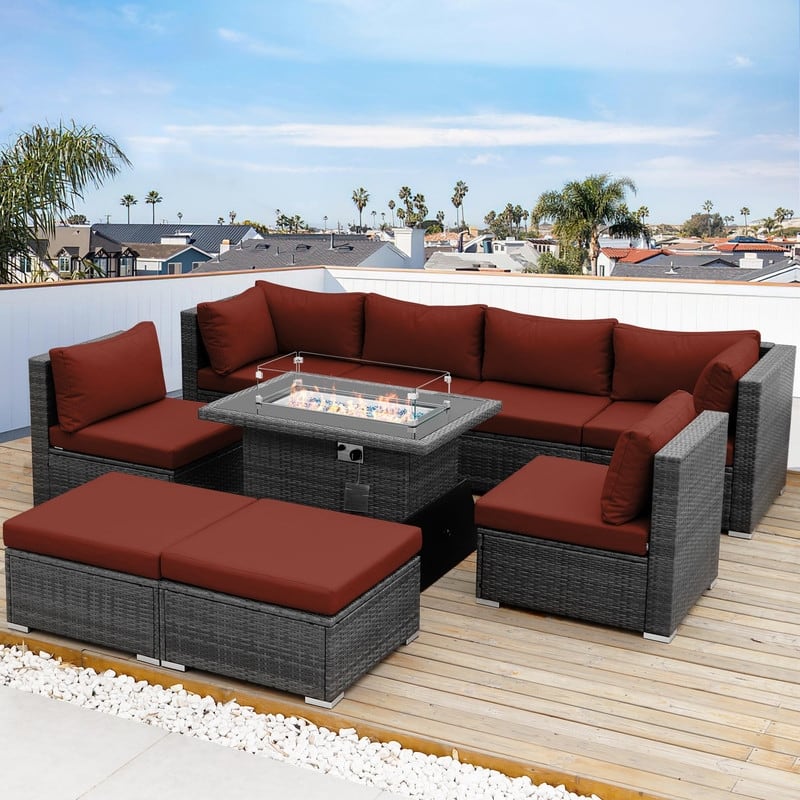 FINCATI Outdoor High-back Wicker Patio Sectional Set, 500 lbs Luxury Oversized Conversation Set, Spacious Couch Set - 9 Pieces-B - Red