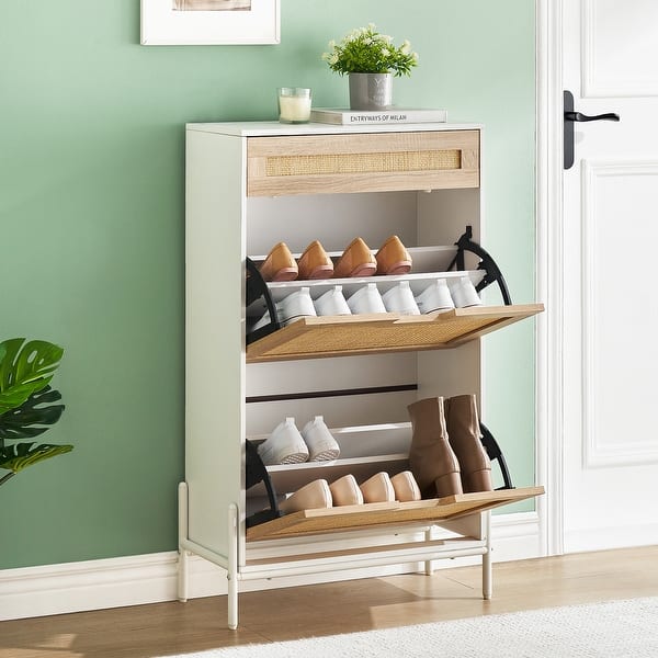 Barnyatoh Shoe Storage Cabinet, Boho Shoe Organizer With 4 Flip Drawers & Rattan Design,Farmhouse Freestanding Hidden Slim Narrow Shoe Rack Cabinet For Entryway, Foyer,Hallway,Natural