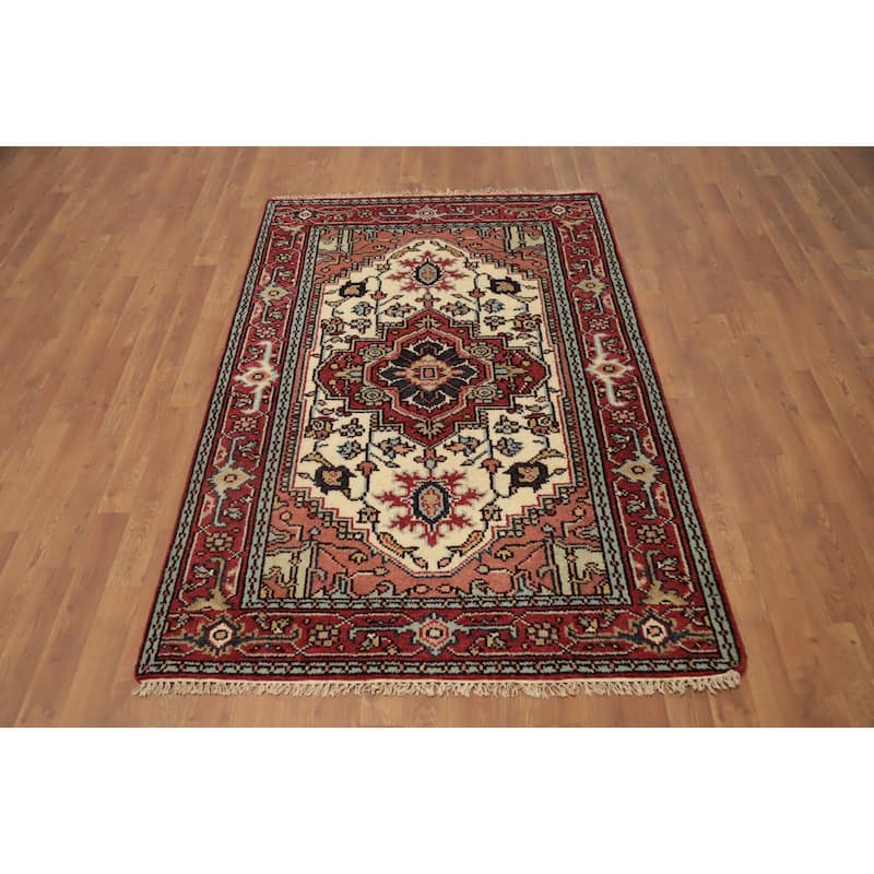 Hand Knotted Oriental 100% Wool Carpet Traditional Medallion Beige & Ivories Heriz (serapi) Area Rug - 5' 10'' X 4' 0''