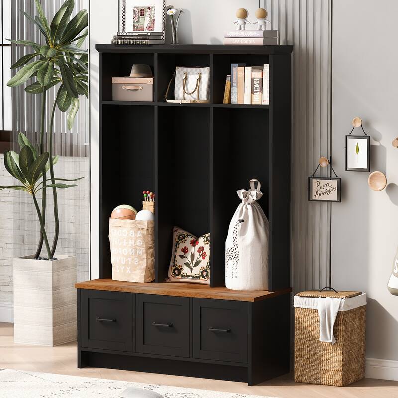 Modern Coat Rack with Storage Bench Entrance Bench with 3 Shelves and Drawers, for Hallway Entryway Living Room