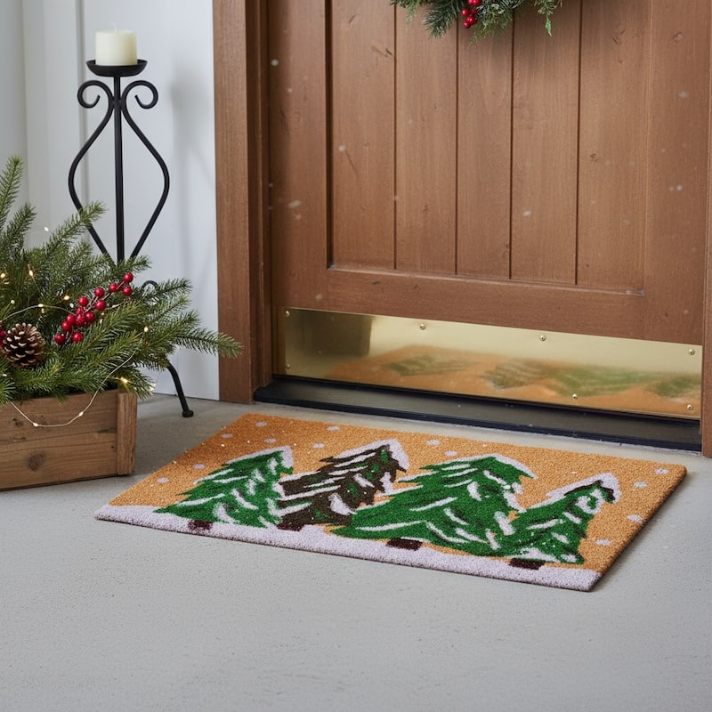 HomeRoots 24" X 36" Brown Green And White Christmas Trees Outdoor Coir Door Mat - 24.00' X '36.00 - 24.00' X '36.00