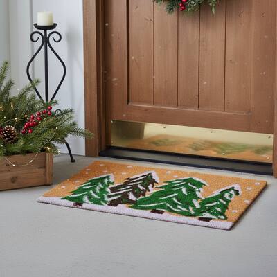 HomeRoots 24" X 36" Brown Green And White Christmas Trees Outdoor Coir Door Mat - 24.00' X '36.00