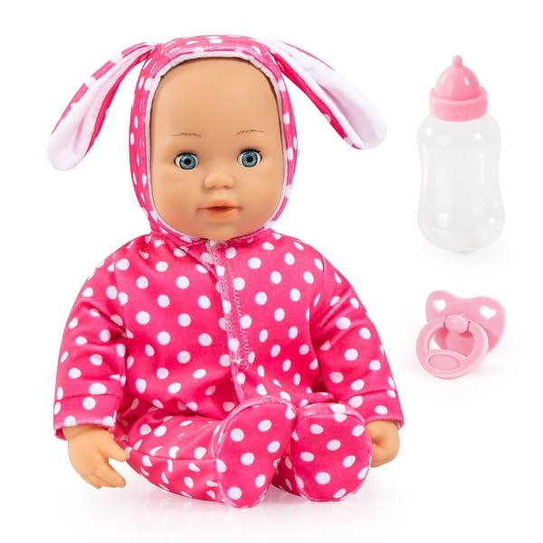 slide 2 of 5, Bayer: Anna First Words Baby Doll - 15" Bunny Pink & White Polka Dot Onesie - Speaks & Open/Closes Eyes, Pacifier & Bottle