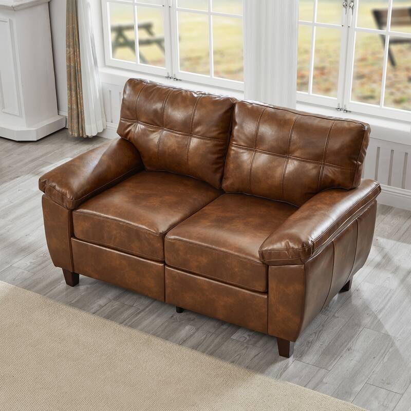 Minimalist Leather Loveseat Sofa Couch with Lumbar Support, 2 Seat Sofa Couch with Storage and Wood Frame - Brown