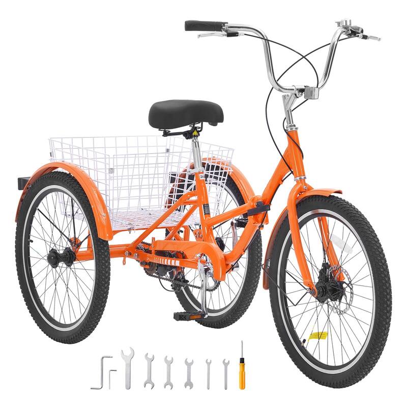 24-Inch Folding Adult Tricycle, Lightweight 3-Wheel Cruiser Bike with Basket - 71.3 x 29.9 x 44.1in - Orange