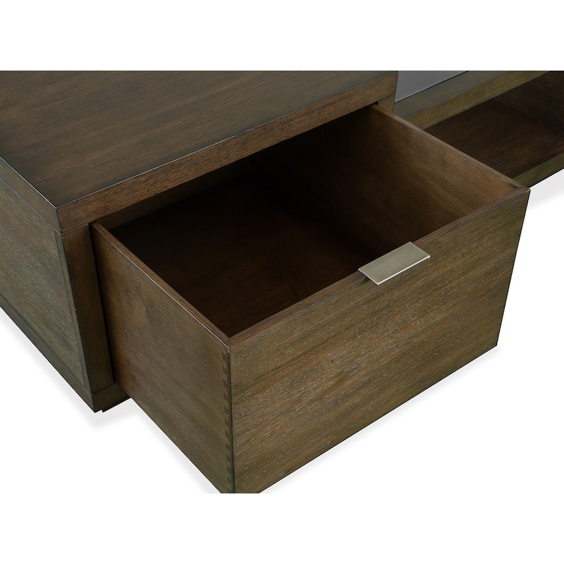 Magnussen Home Merrick Homestead Brown and Clear Glass Rectangular Cocktail Table with Casters - 52''W x 28''D x 18''H