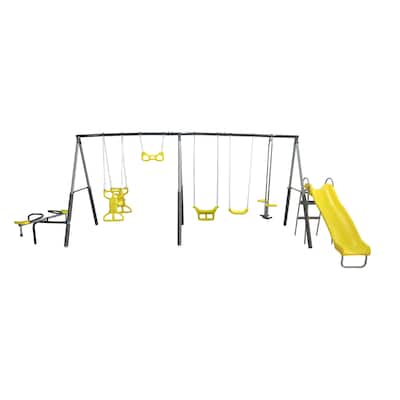 XDP Recreation Rising Sun Playground Outdoor Swing Set, Glider, SeeSaw, & Slide - 202 x 106 x 76 inches
