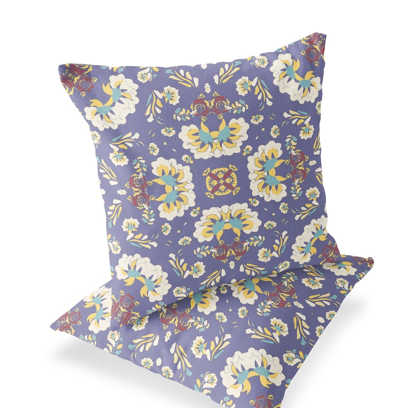 HomeRoots Set of Two 16" X 16" Purple and White Blown Seam Floral Indoor Outdoor Throw Pillow - 16.00' X '16.00' X '5.00