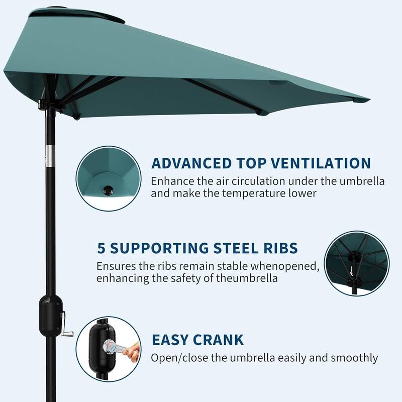 9FT Half Patio Umbrella with Smooth Crank Lift, Shade Canopy for Patio, Backyard, Garden (No Base)