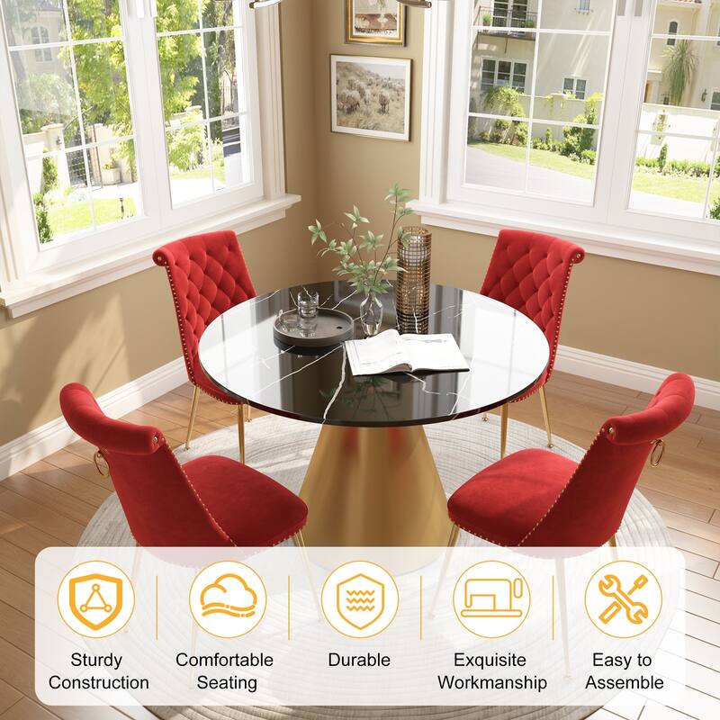48" Marble Top Metal Dining Table with Velvet Dining Chair Set