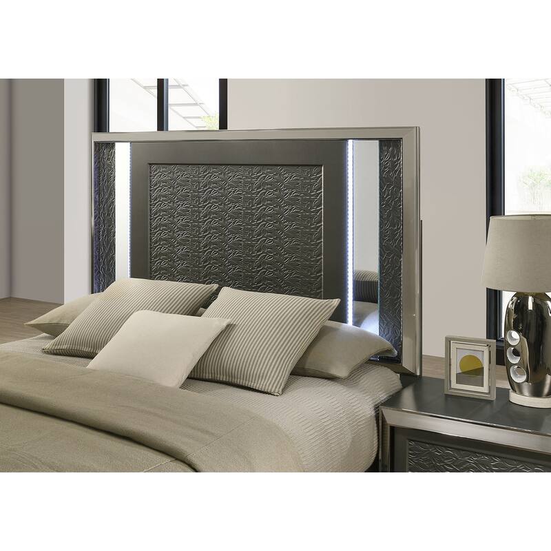 Modern Contemporary Dark Gray Finish LED Bedroom Set Bed Nightstand Dresser Mirror Chest