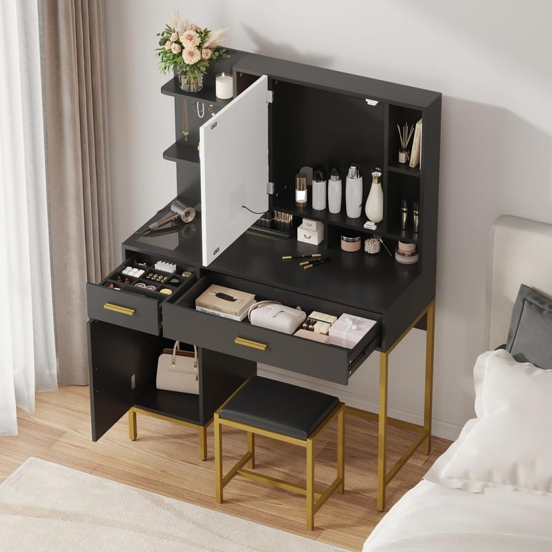 Vanity Table with LED Mirror, Stool, Shelves, Drawers, Cabinets, Charging Station