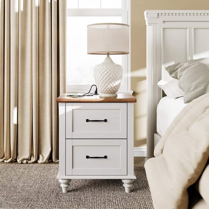 Nightstand with Charging Station, 2-Drawer End Table for Bedroom