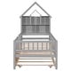 preview thumbnail 8 of 7, Grey Twin Size Pine Wood Platform Bed with House-Shaped Headboard and Pull-Out Trundle, Built-in Shelves and Fence Guardrails