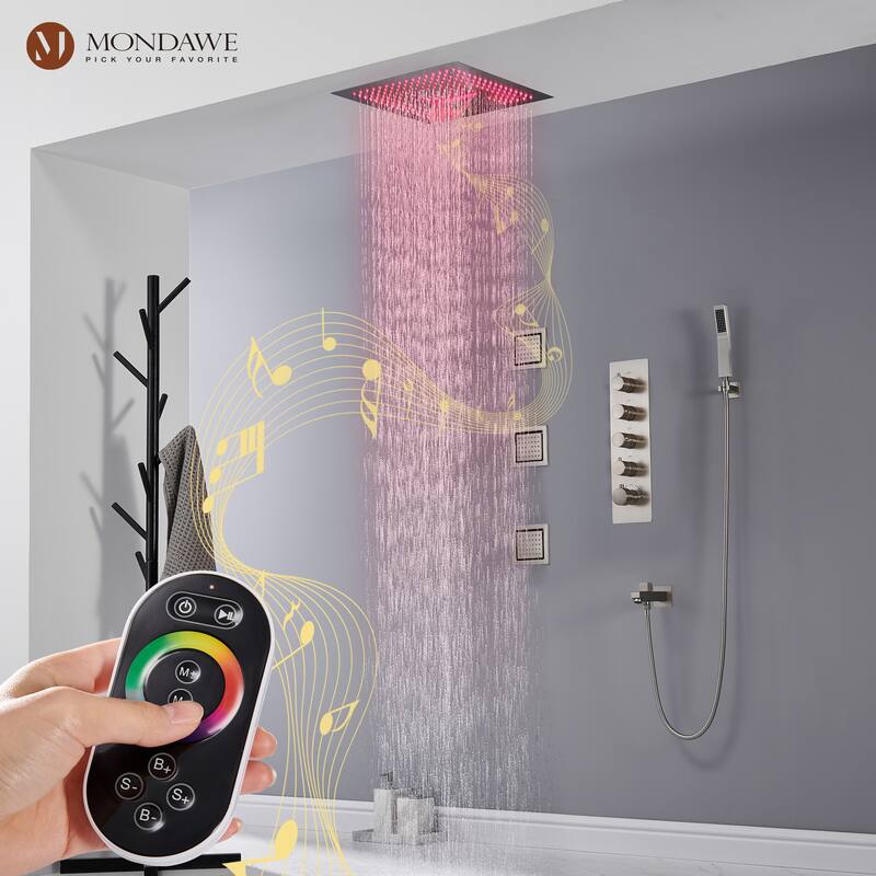 64 Colors LED Light and Music 4 Functions 5 Sprays Ceiling Mounted Thermostatic Shower System
