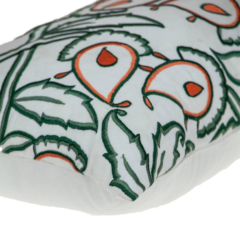 14" X 24" Green and White Cotton Lumbar Throw Pillow with Embroidery