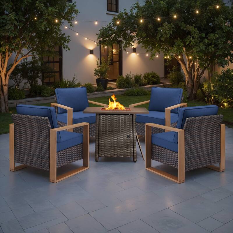 Meyreso 5-Piece Wicker Patio Conversation Set with Fire Pit & Plush 4.5" Olefin Cushions - Brown Wicker - Navy Blue Cushions