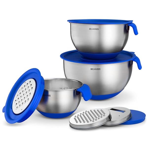 slide 2 of 10, Stainless Steel Mixing Bowls Set of 3, with Lids & Graters, Blue