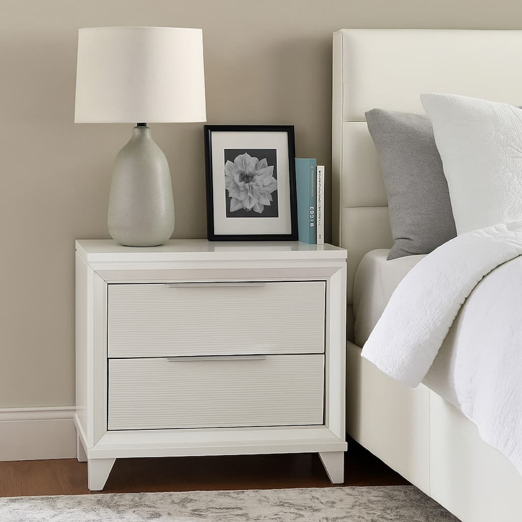 Ressy Nightstand with 2 Drawer, Silver Metal, Contemporary White Wood