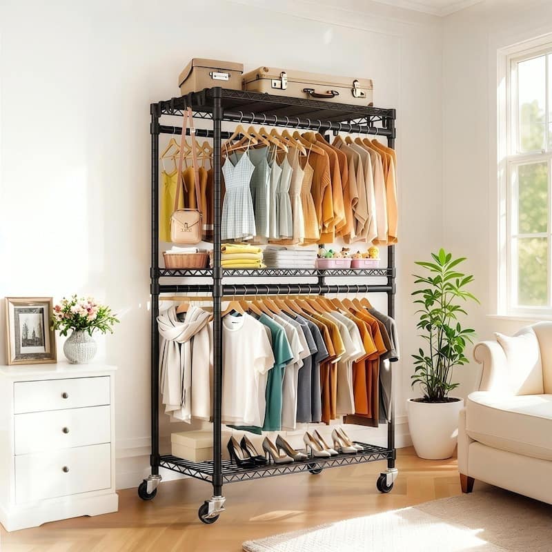 3 Tiers Adjustable Wire Shelving Clothes Rack with 2 Clothes Rails and Side Hooks - Black