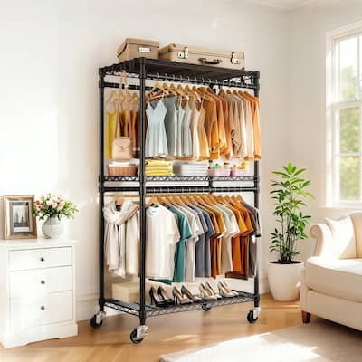 3 Tiers Adjustable Wire Shelving Clothes Rack with 2 Clothes Rails and Side Hooks