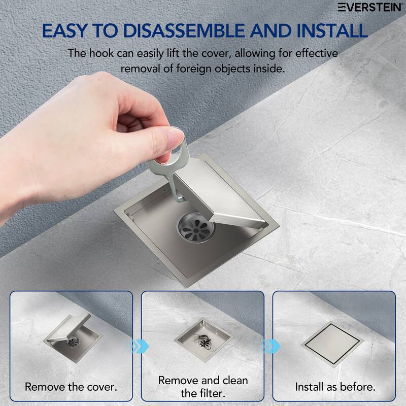 6"x6" Stainless Steel Square Shower Drain With Drain Cover