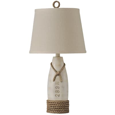 StyleCraft Distressed White Table Lamp - Cream Hardback Canvas Shade