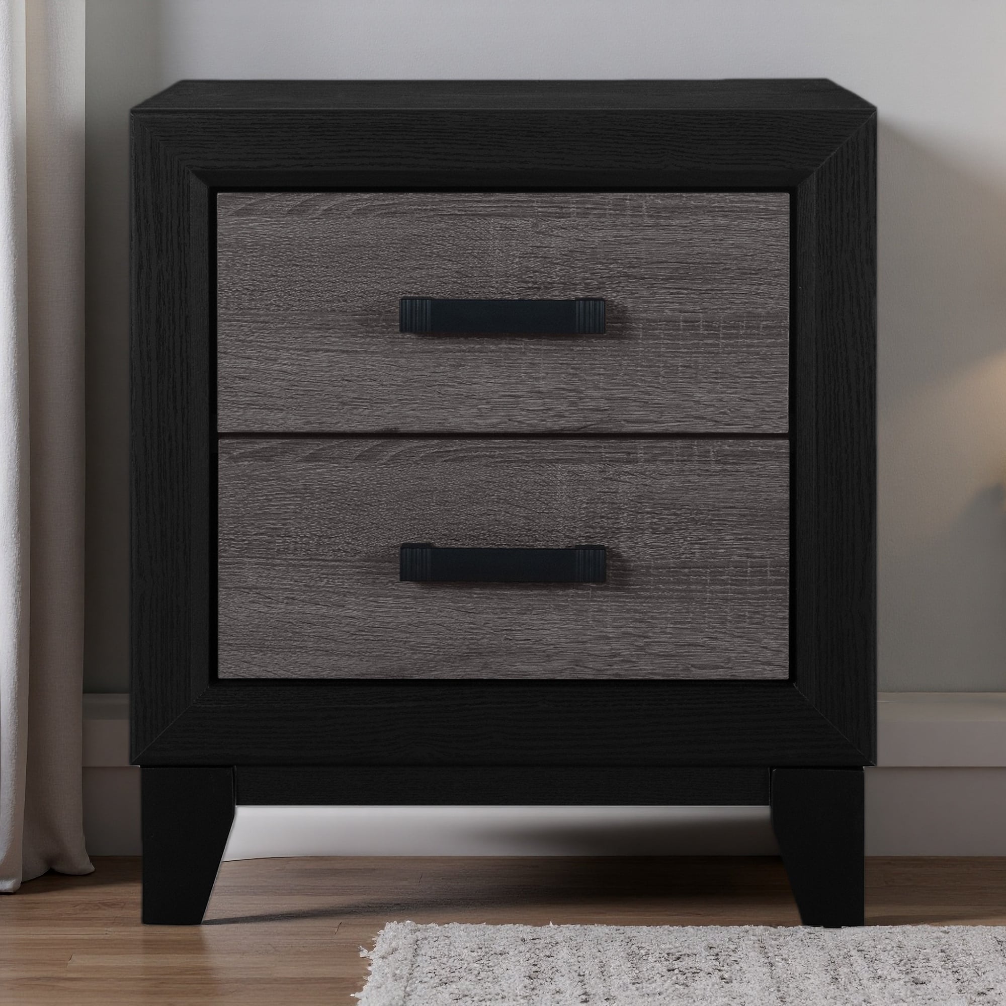 21.65"L Urban Farmhouse 2-Drawer Nightstand with Rustic Wood Inlay, Sleek Metal Hardware & Spacious Storage